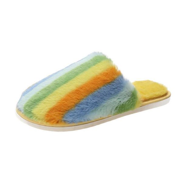 

slippers flat heel rainbow shoes sandals women 2021 fashion winter for woman home faux fur colorful, Black