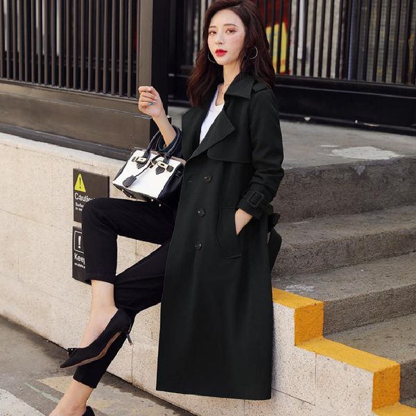 

women's trench coats 2021 autumn women fashion commute windbreaker female double breasted outwear ladies solid color coat girls mid-len, Tan;black