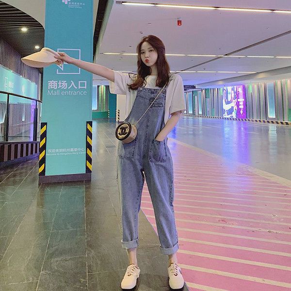 

women's jumpsuits & rompers female coveralls washed jeans, casual korean-style blue overalls with baggy vintage spring pocket chic jxre, Black;white