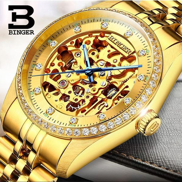 

switzerland luxury full gold men rhinestones watches saphir skeleton miyota mechanical wristwatch self winding 316l watch hollow wristwatche, Slivery;brown