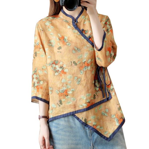 

ethnic clothing chinese women traditional shirt cotton retro folk tea flower style female print daily chiffon blouses z57, Red