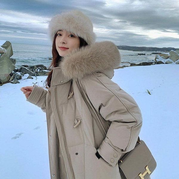 

women 2021 winter real raccoon fur long down jacket female white duck coat loose hooded ladies thick warm overcoat p411, Black