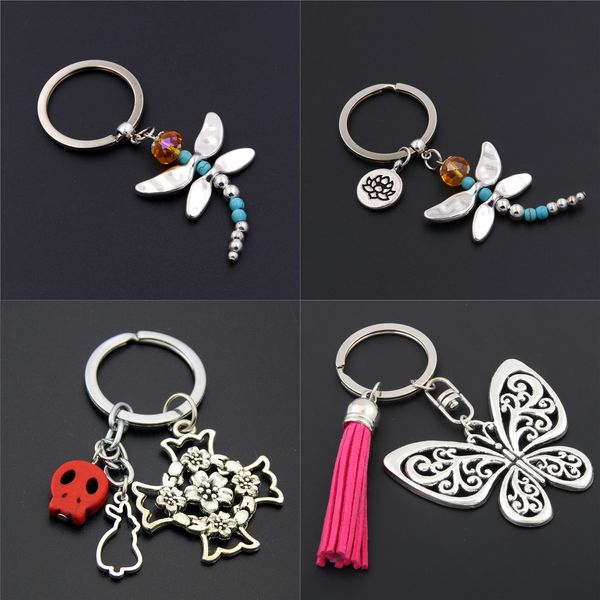 

dragonfly charms with lotus keychains cross keyring butterfly pendant key chain for women animal jewlery, Silver