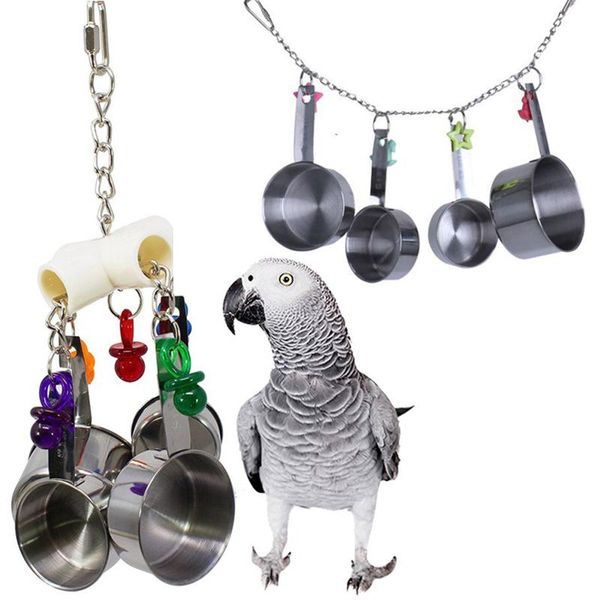 

other bird supplies 2021 parrot toy stainless steel 4 pots string chewing bite toys pet cage pendant decor