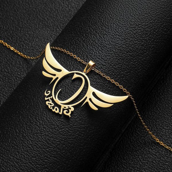 

diy name necklace titanium steel custom lettering stainless feather wings c-ring necklace, Black