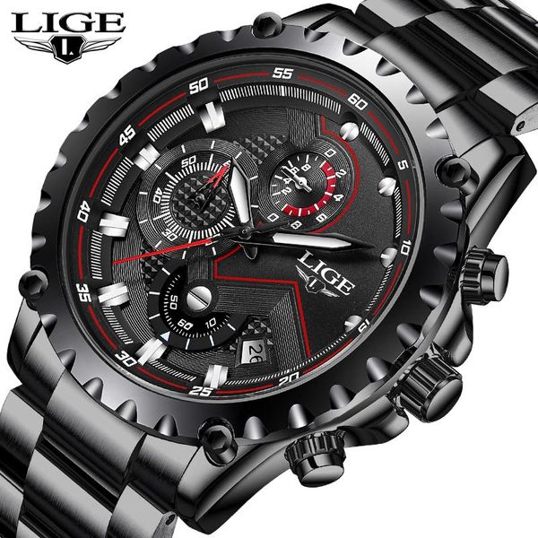 

wristwatches lige men watches fashion sport waterproof chronograph male stainless steel wristwatch relogio masculino, Slivery;brown