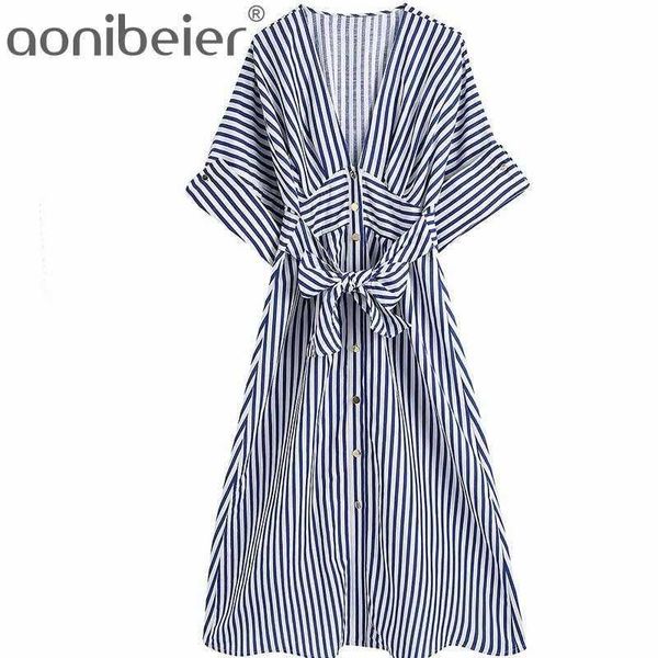 Azul listrado Midi Vestido Verão Moda Metal Botões Roll Roll Sleeves Profundas Vintage Cintura Alta Mulheres Camisa Casual Feminino 210604