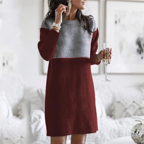 

autumn winter dress women plush fleece warm mini patchwork long sleeve o neck dresses casual loose solid party, Black;gray