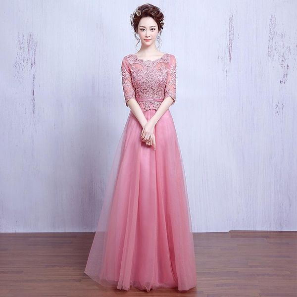 

ethnic clothing charming pink female mesh banquet cheongsam elegant appliques floral maxi qipao host half perspective sleeve dress gown, Red