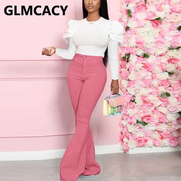 

women casual solid puff sleeve shirt and flare pants chic sweet suits 210702, White