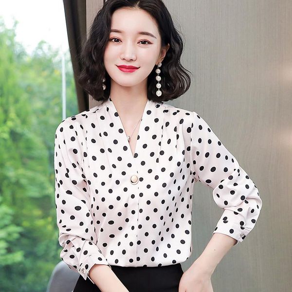 

korean silk women shirts woman v-neck satin blouses long sleeve striped plus size women's &, White