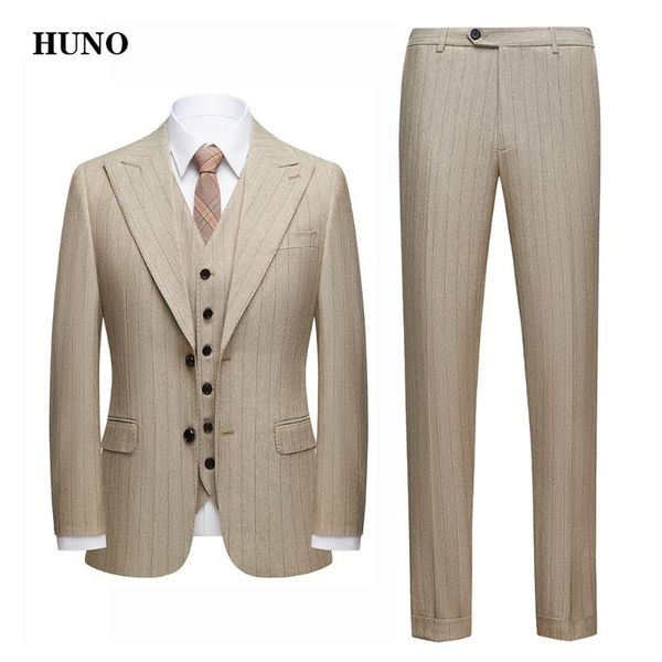

men's tracksuits khaki striped men suits for wedding double splits mens pinstripe costume homme 3 pieces formal business suit male, Gray