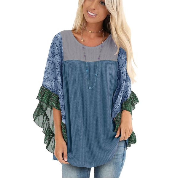 

summer women's t-shirt waffle bat sleeve printed color matching top, White