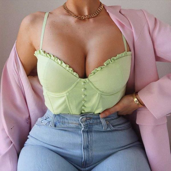 

women's tanks & camis high-quality tight-fitting vest 2021 autumn green ruffled wild sling short corset fashion party boutique clot, White
