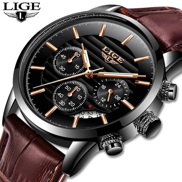 

wristwatches lige 2021 watch men fashion sport quartz clock mens watches leather business waterproof relogio masculino, Slivery;brown