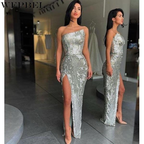 

casual dresses wepbel dress women's solid color slim high waist slit elegant sequined strapless backless party formal, Black;gray