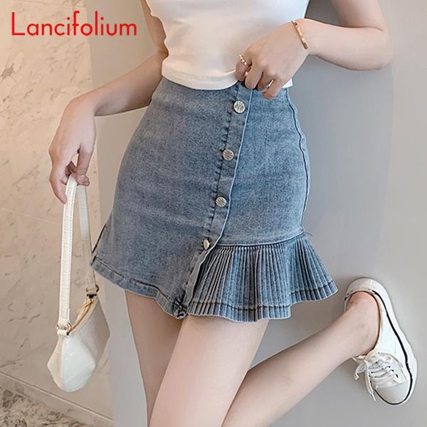 

skirts y2k e girl kawaii harajuku skort summer women 2021 high waist button pleated ruffle pencil jeans fishtail mini denim skirt, Black