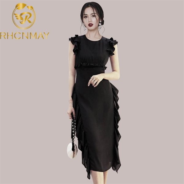 

summer women dress vintage chic sleeveless patchwork ruffles midi ladies elegant party 210506, Black;gray