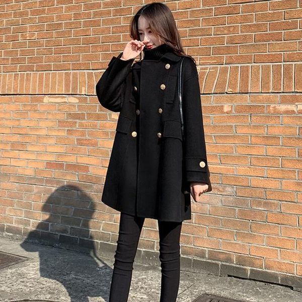 

women's wool & blends winter women woolen coat autumn 2021 jacket long slim thick warm jackets female coats fashion black red