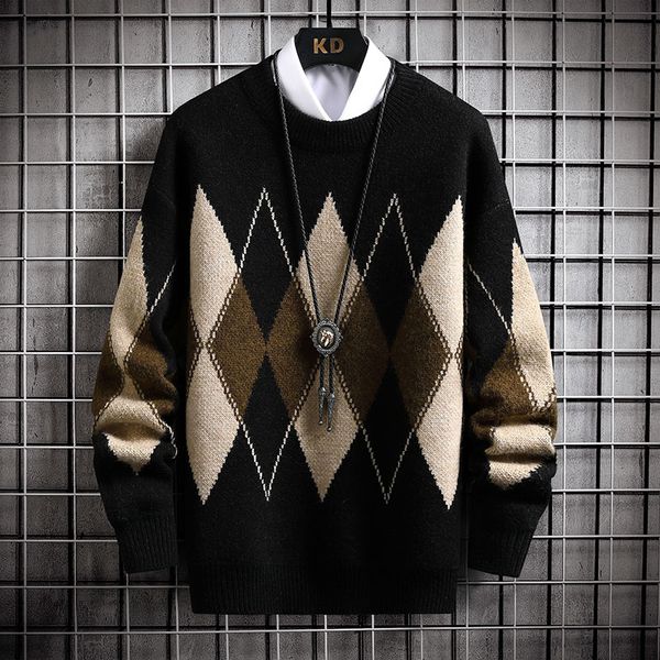 

winter new fashion argyle sweater men knitwear thick warm knitted pullover mens sweaters casual loose male jumpers, White;black