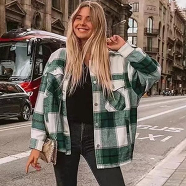 

women's wool & blends liva girl 2021 winter women green plaid long coat jacket casual warm overcoat fashion coats, Black