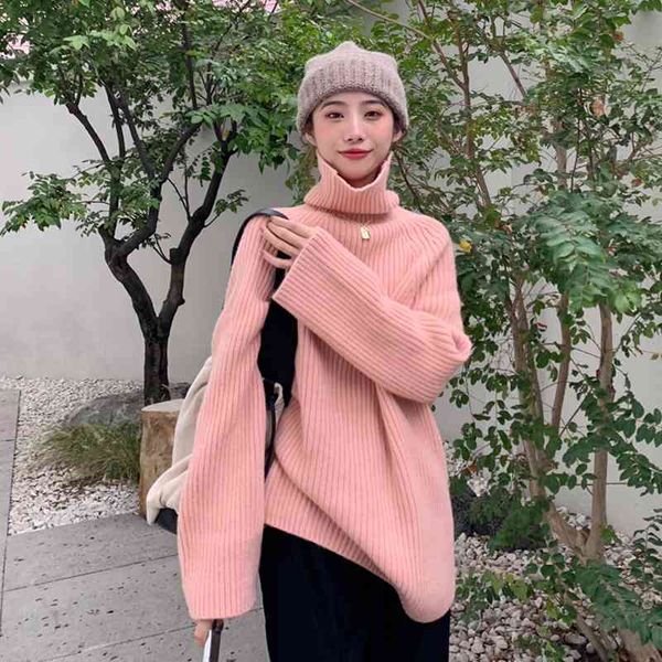 

werueruyu autumn winter woman fashion turtleneck pullovers sweaters solid casual loose knitted sweater female jumper 210608, White;black