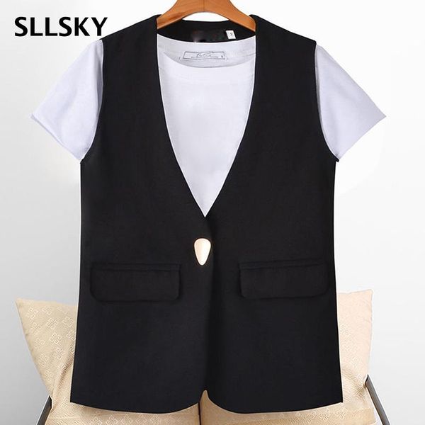 

women's vests sllsky casual v-neck solid vest women fall single button sleeveless waistcoat female classical plus size loose outer, Black;white