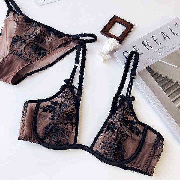 

set fashion designer luxury ultra thin perspective lace embroidery bra with steel ring supporting large chest and small lingerie, Black;white