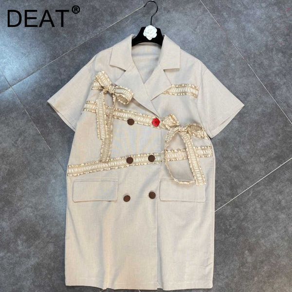 

deat spring summer fashion temperament casual lapel short sleeve ribbon bow double breasted niche dress women sk603 210709, Black;gray