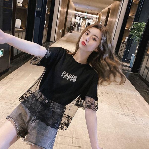 

women's t-shirt [single piece / set]summer student short sleeve two-piece shirt mesh suit women, White