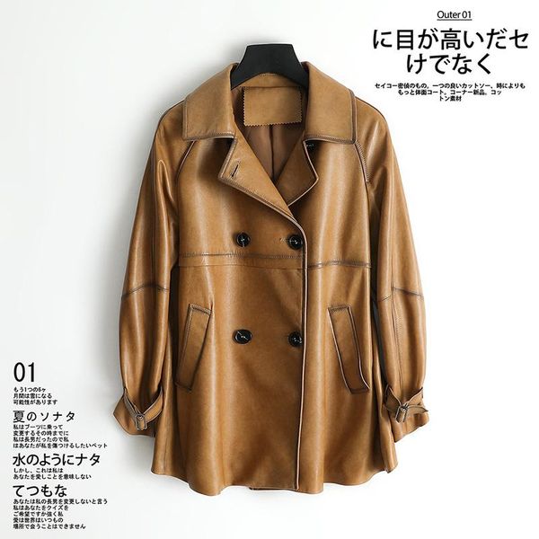 

women's leather & faux genuine jacket women korean sheepkin coat spring autumn jackets leren jas dames kj3407, Black