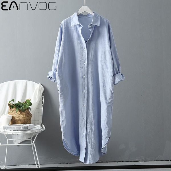 

women's blouses & shirts women long shirt sleeve loose casual blouse plus size cotton and linen spring autumn buttons dresses blue whit, White