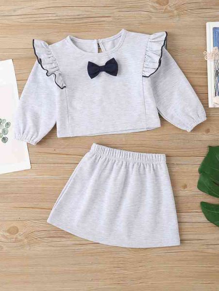

baby bow front ruffle trim tee & skirt she, White