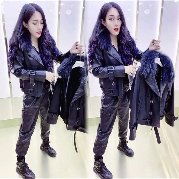 

women's leather & faux women 's 2021 winter korean style big fur collar fleece washed waist trimming coat, Black