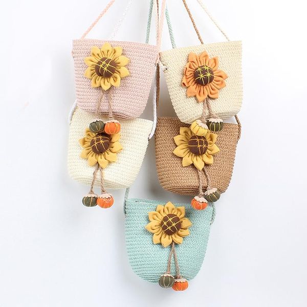 

lovely children girls coin purse floral straw mini baby shoulder bag casual cute princess messenger bags handbag, White