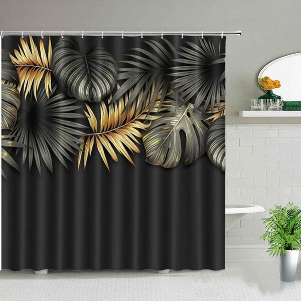 

shower curtains tropical green plant bathroom black background gold palm leaf pattern bath curtain waterproof bathtub home decor