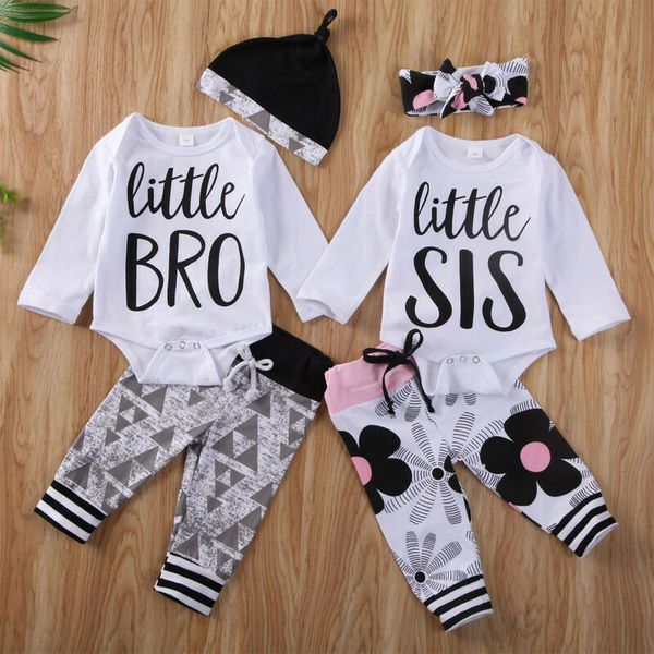 

0-18months new born baby boy girl clothes letter bodysuit + pants +headband/hats 3pcs set, White