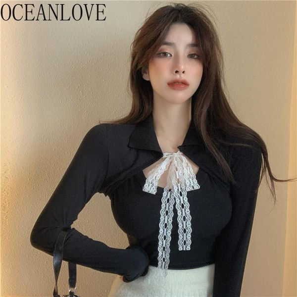 

women's t-shirt oceanlove korean vintage bow hollow out lace drawstring t-shirts 2021 spring long sleeve patchwork fashion ropa mujer, White