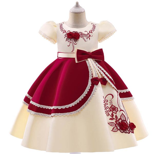 

girls dresses children kids clothes childrens wear princess bow flower short sleeve party formal dress b7249, Red;yellow