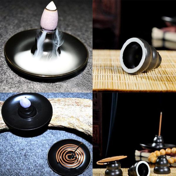 

sachet bags round ceramic incense burner holder smoke incense, backflow stick cone coil censer black