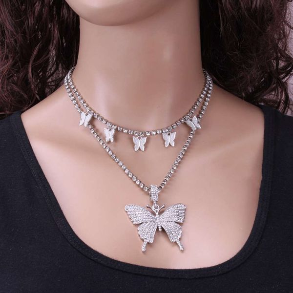 

personality geometric jewelry micro inlay temperament necklace female creative mix with butterfly inlaid diamond set, Silver