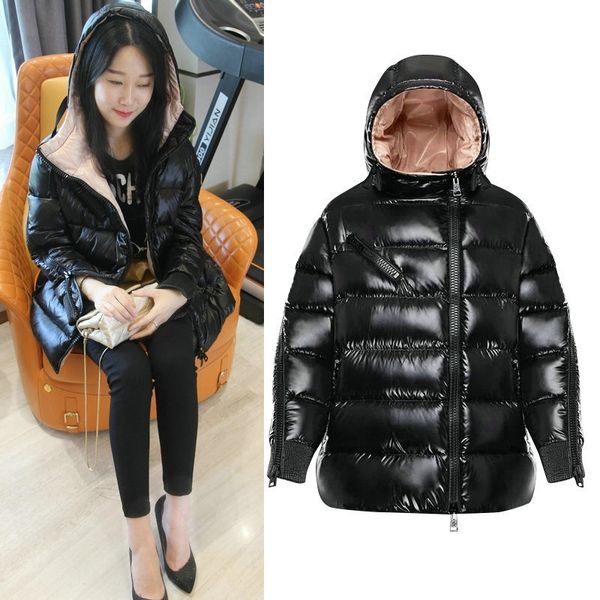 

2021 winter new mongolian m family down jacket female star same oblique zipper a-shaped hooded solid color coat, Black