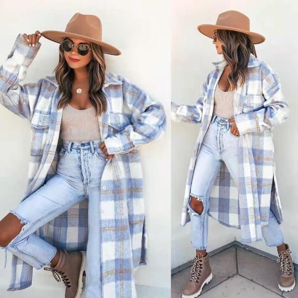 

women's wool & blends 2021 winter frosted plaid jacket long single breasted pocket lapel female coat, Black
