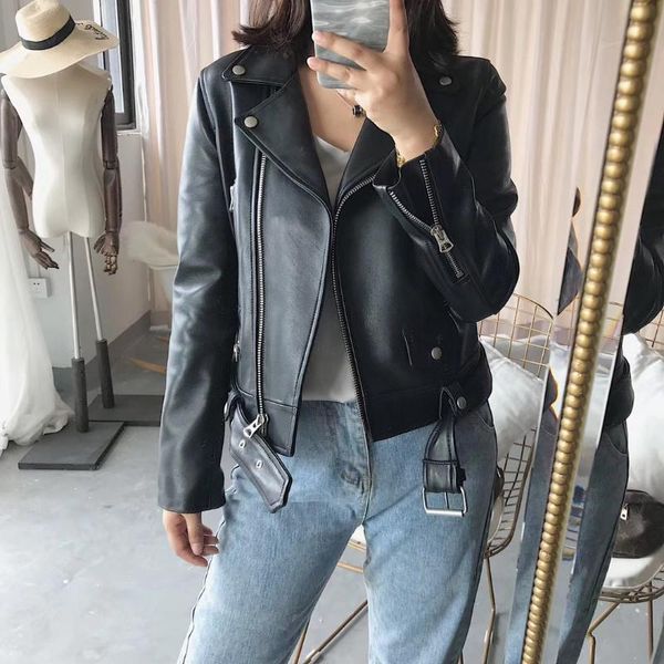 

women's leather & faux sheep skin female locomotive short coat women real jacket, Black