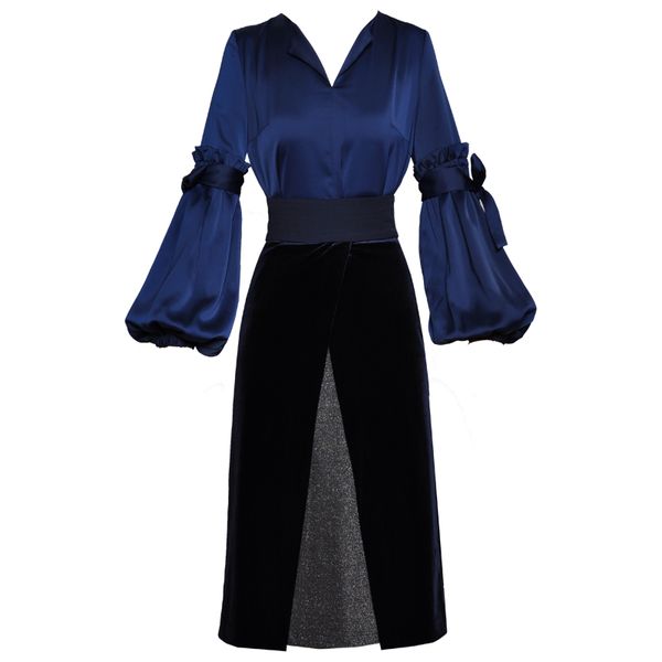 

v-neck lantern sleeve lace-up slim-fit sheath split velvet skirt fashion suit 2021 autumn new womens, Black;gray