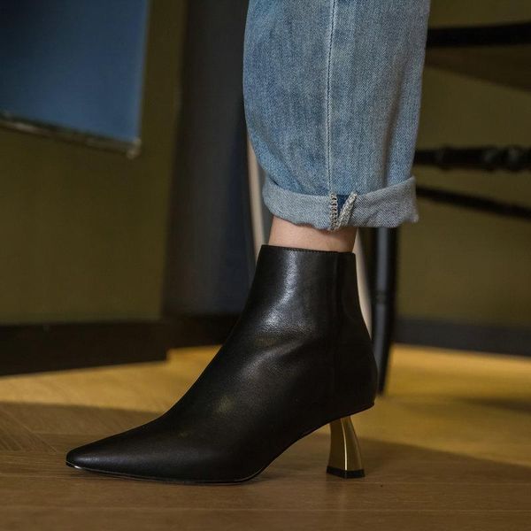 

boots 100% genuine leather women ankle high heels party wedding shoes woman poined toe office pumps size 40, Black