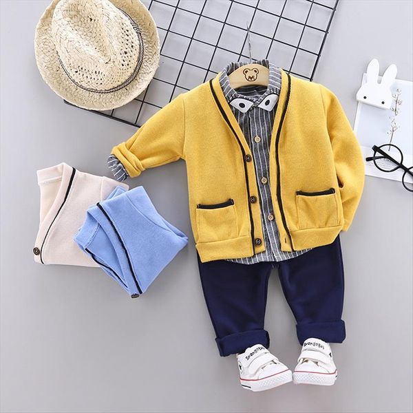 

boys 3 piece clothes set children wool cardigan with sweater, shirt, and pants, sky blue navy, yellow, white 1 4