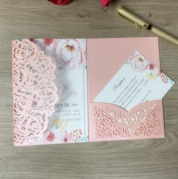 

100pcs laser cut invitation for wedding birthday business white pink silver paper thank you cards with pocket custom printing greeting