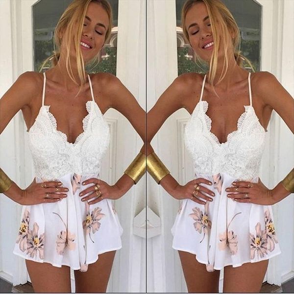 

lace up floral beach women romper shorts strap backless cross, Black;white