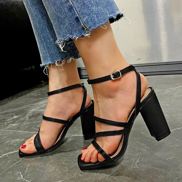 

dress shoes fashion summer elegant ladies white high heel sandals retro simple women square open toe thin belt 43, Black